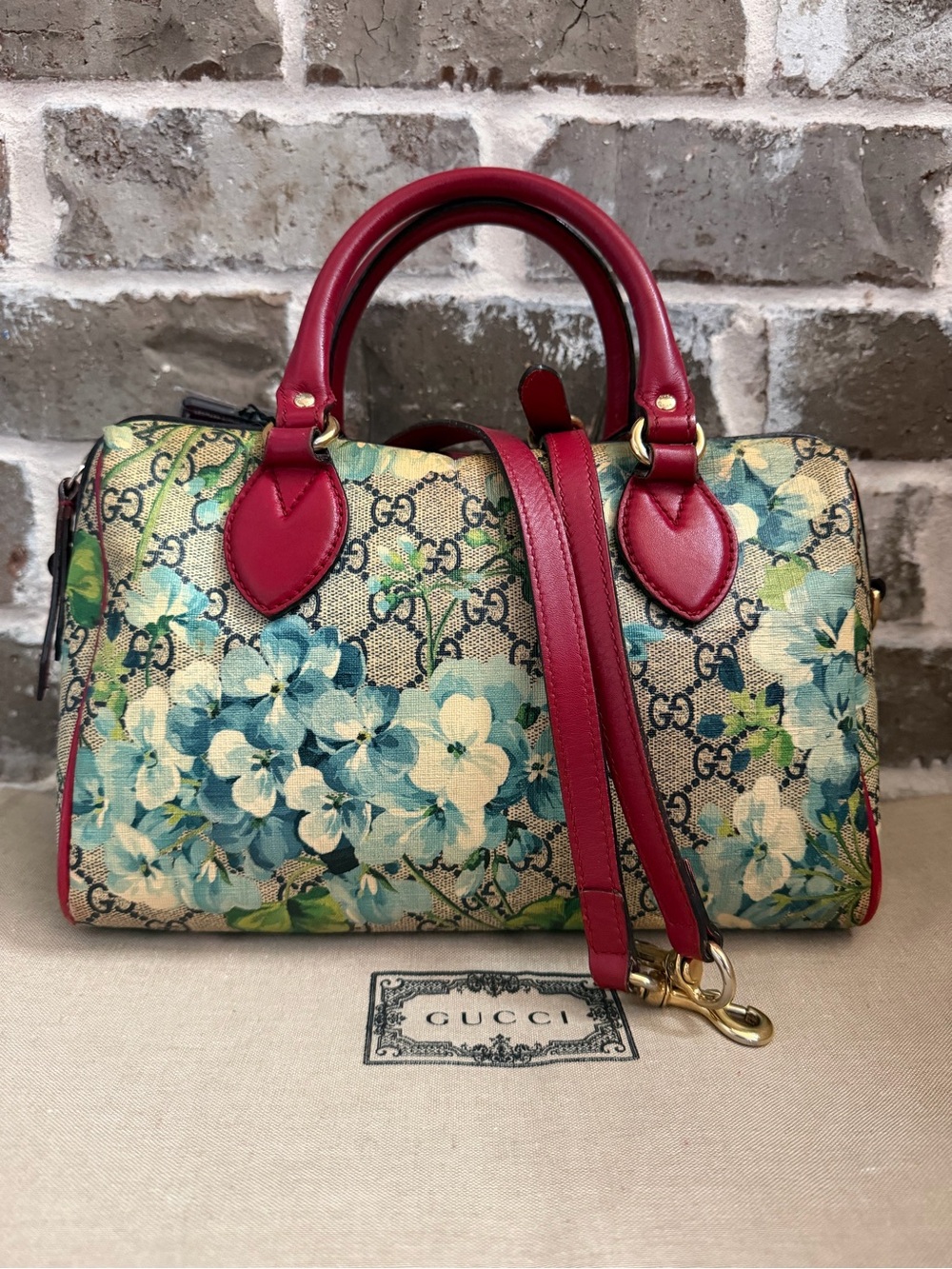 Gucci Floral GG Supreme Canvas Satchel with Red Leather Trim